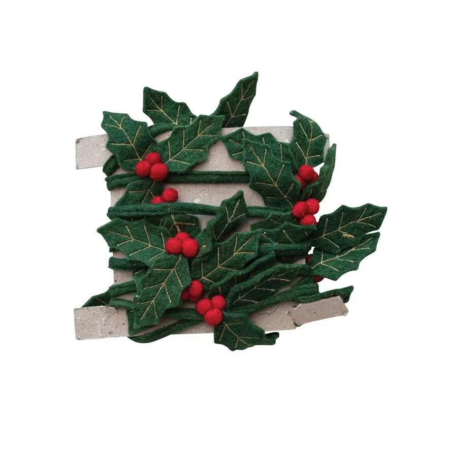 72" Wool Felt Holly Leaves & Berries Garland - Image 2