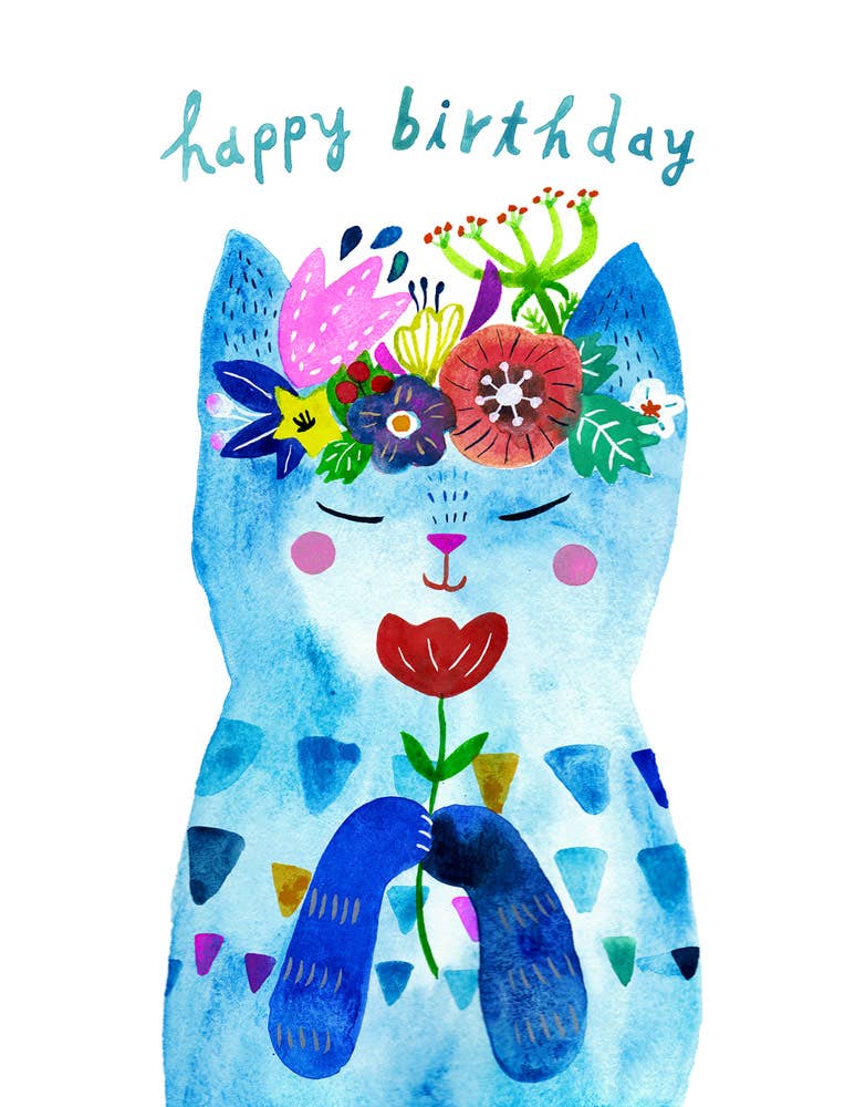 Blue Kitty with Flower Birthday Card - Image 2