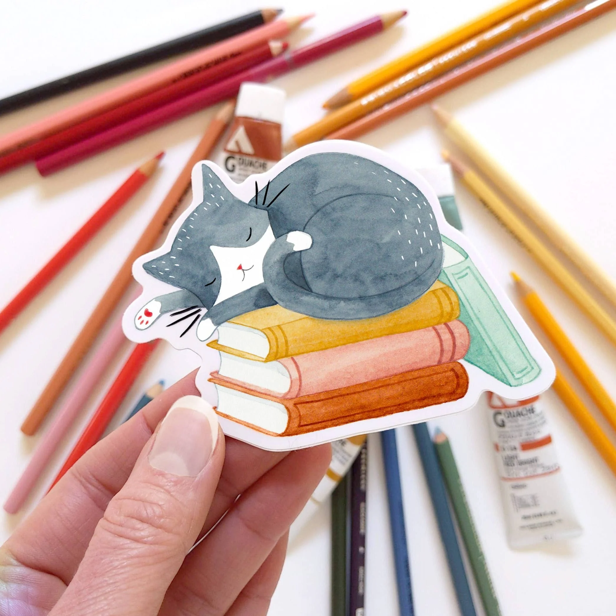 Cat and Books Sticker - Image 2
