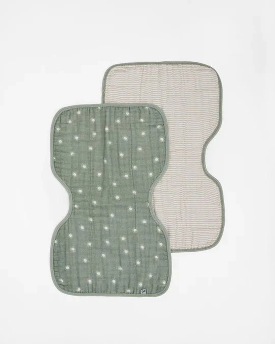 Cotton Muslin Burp Cloth 2 Pack: Sage Suns + Sand Stripe - Image 2