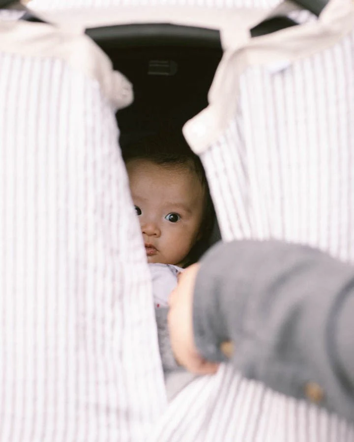 Cotton Muslin Car Seat Canopy: Grey Stripe - Image 3