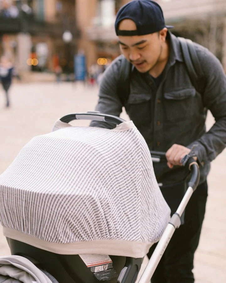 Cotton Muslin Car Seat Canopy: Grey Stripe - Image 4