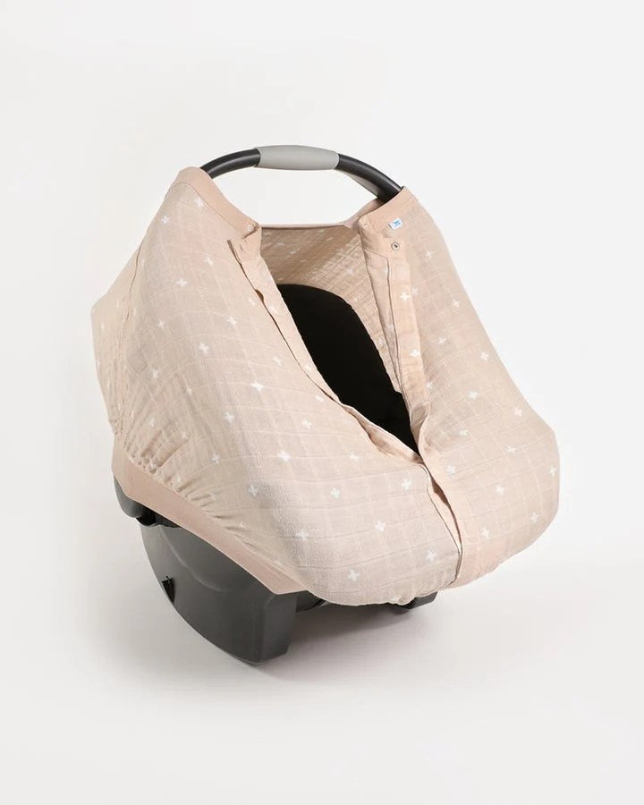Cotton Muslin Car Seat Canopy: Taupe Cross - Image 2