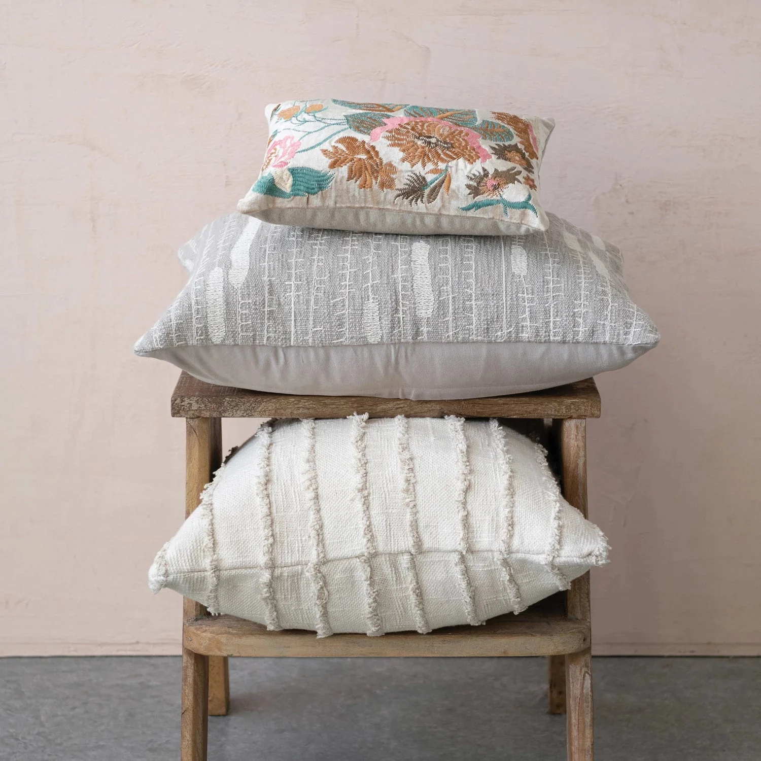 Grey & Cream Embroidery Lumbar Pillow - Image 2