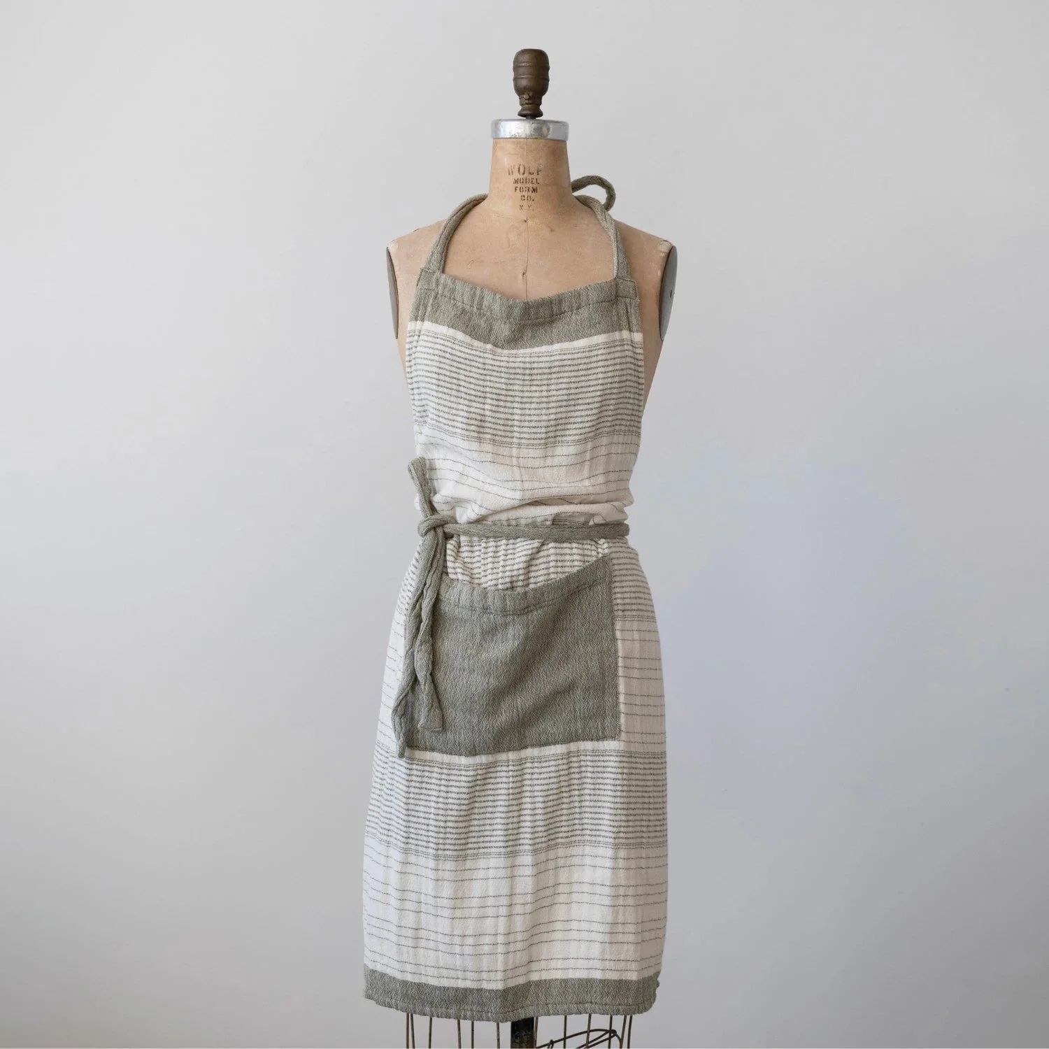Cream & Olive Apron with Pocket - Image 3