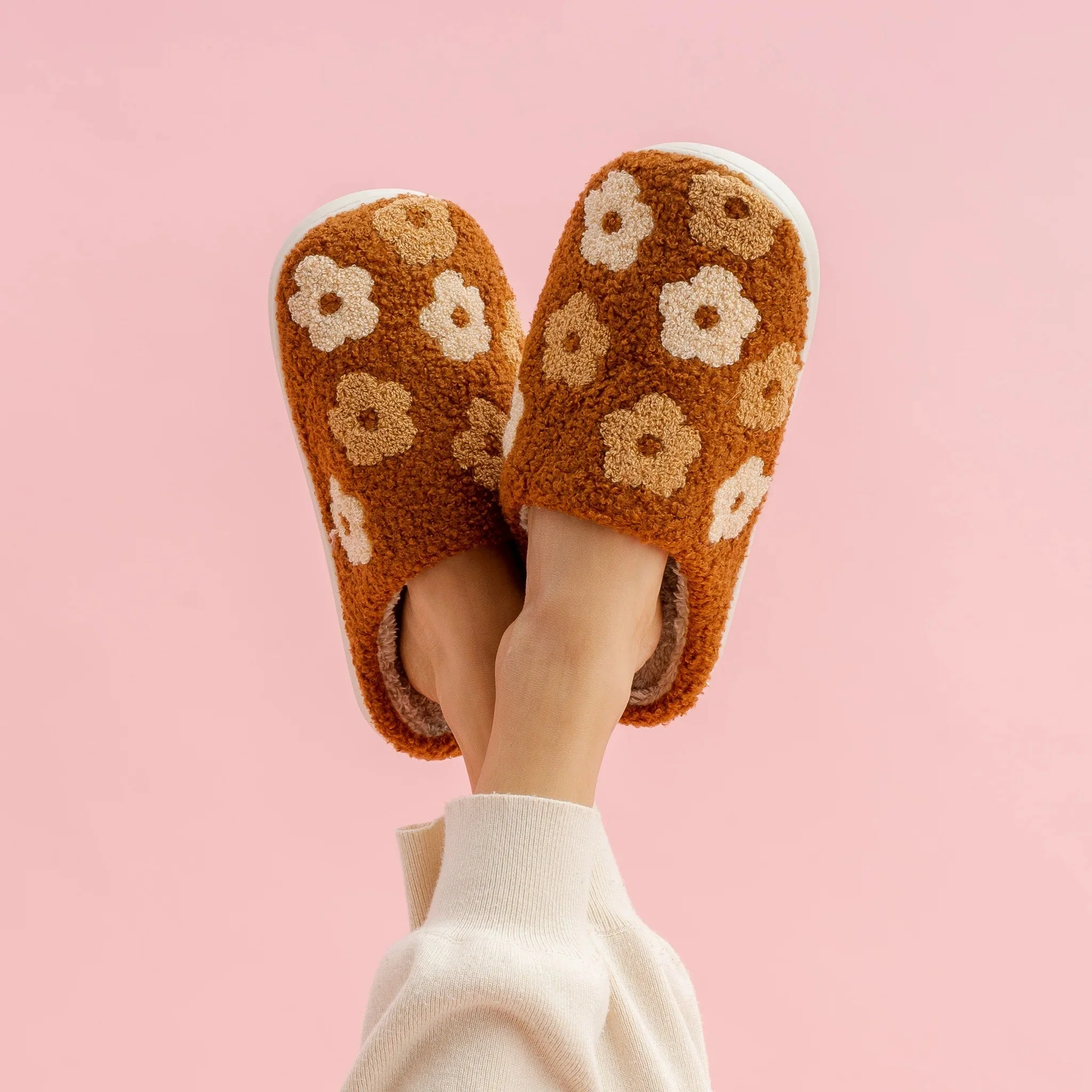 Fuzzy Slippers - Brown Flower - Image 2