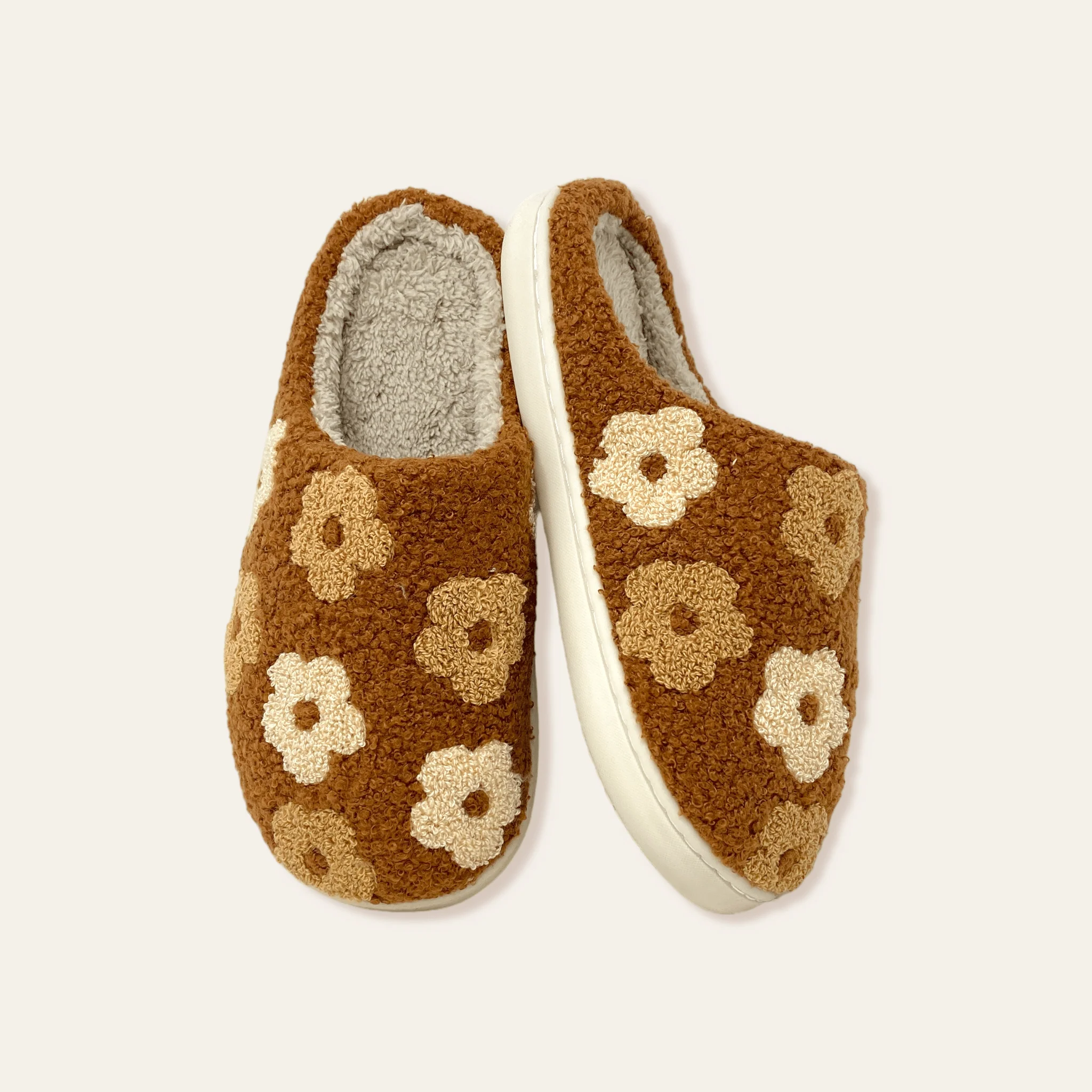 Fuzzy Slippers - Brown Flower - Image 4