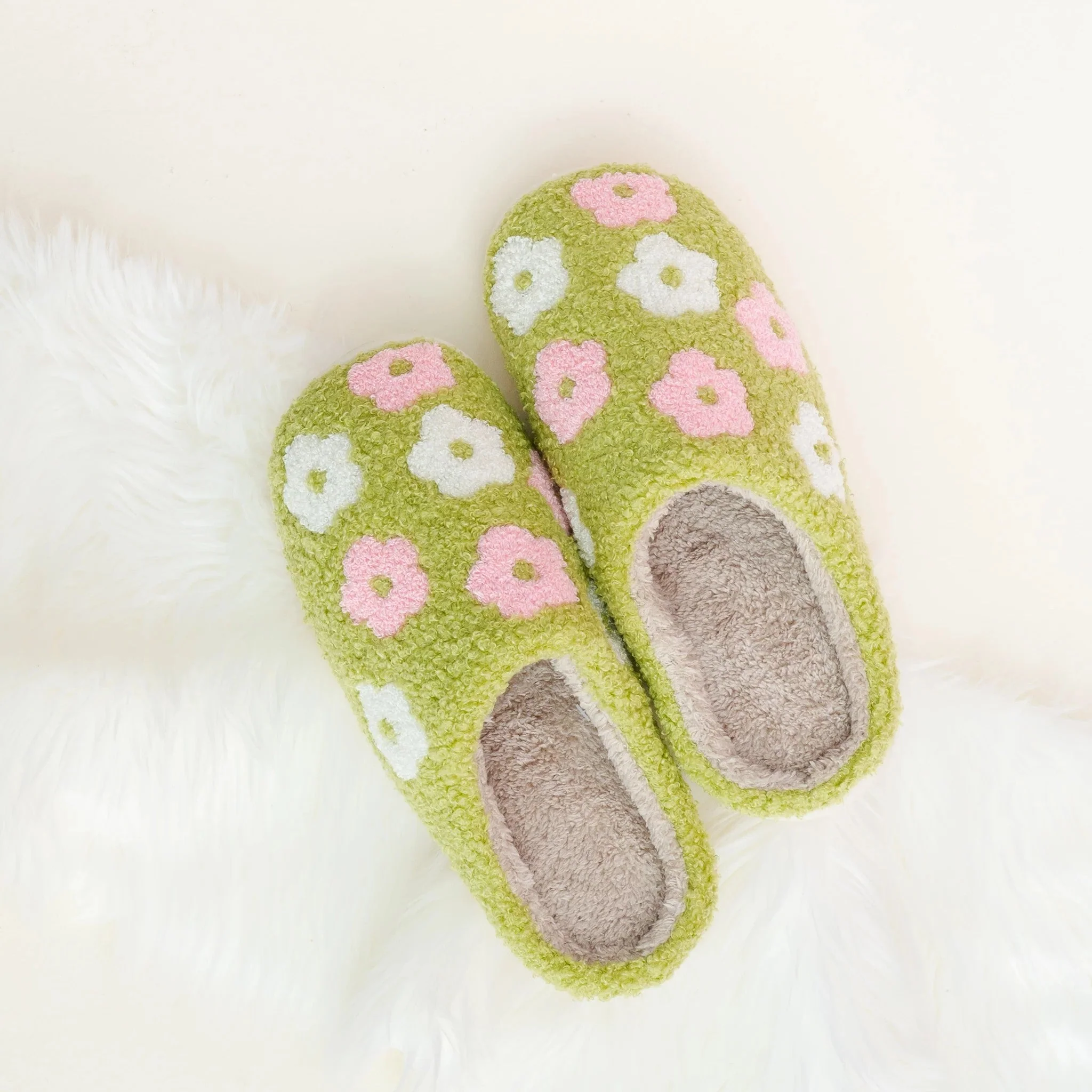 Fuzzy Slippers - Green Flower - Image 2