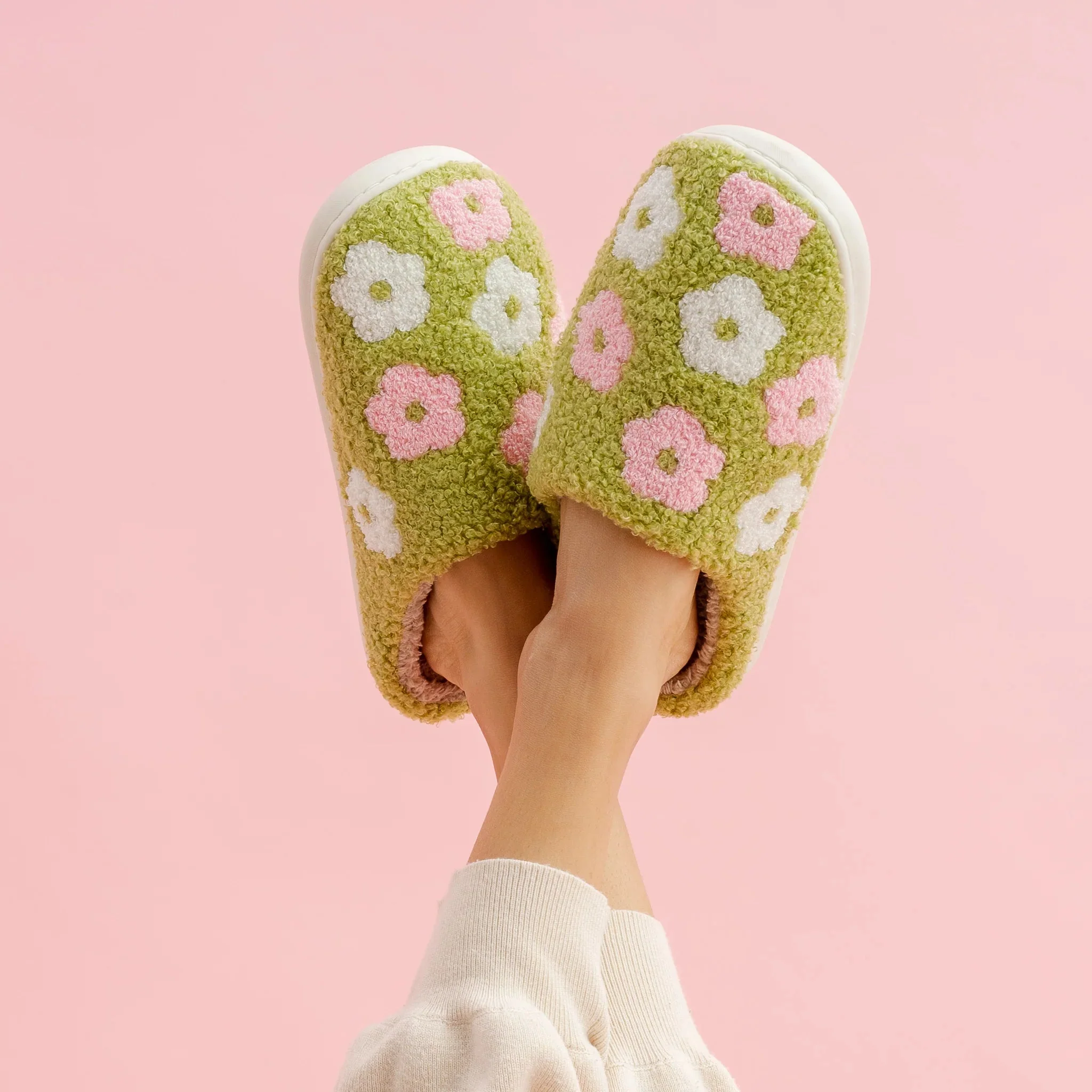 Fuzzy Slippers - Green Flower - Image 4