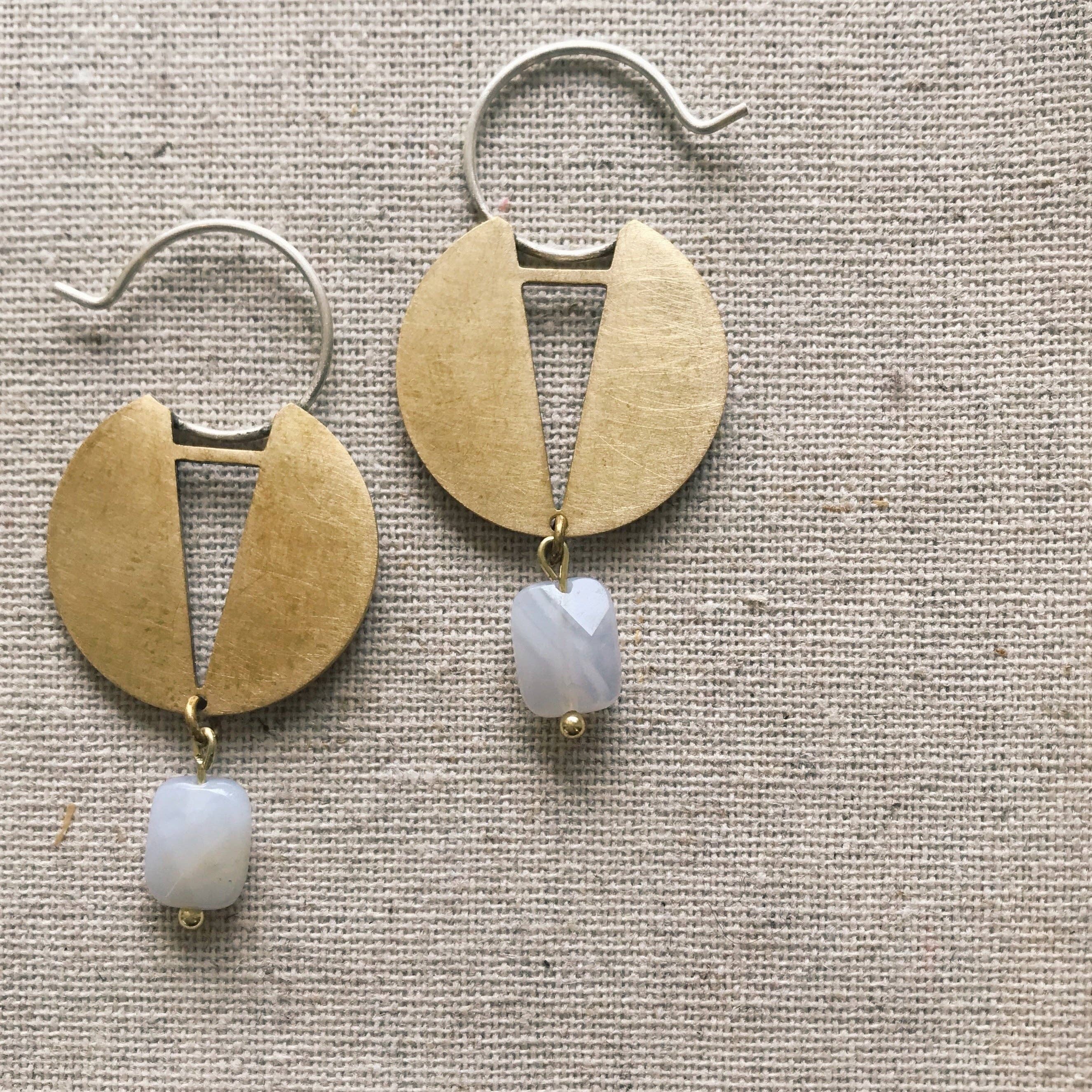Geo Brass Disc Hoops with Aquamarine