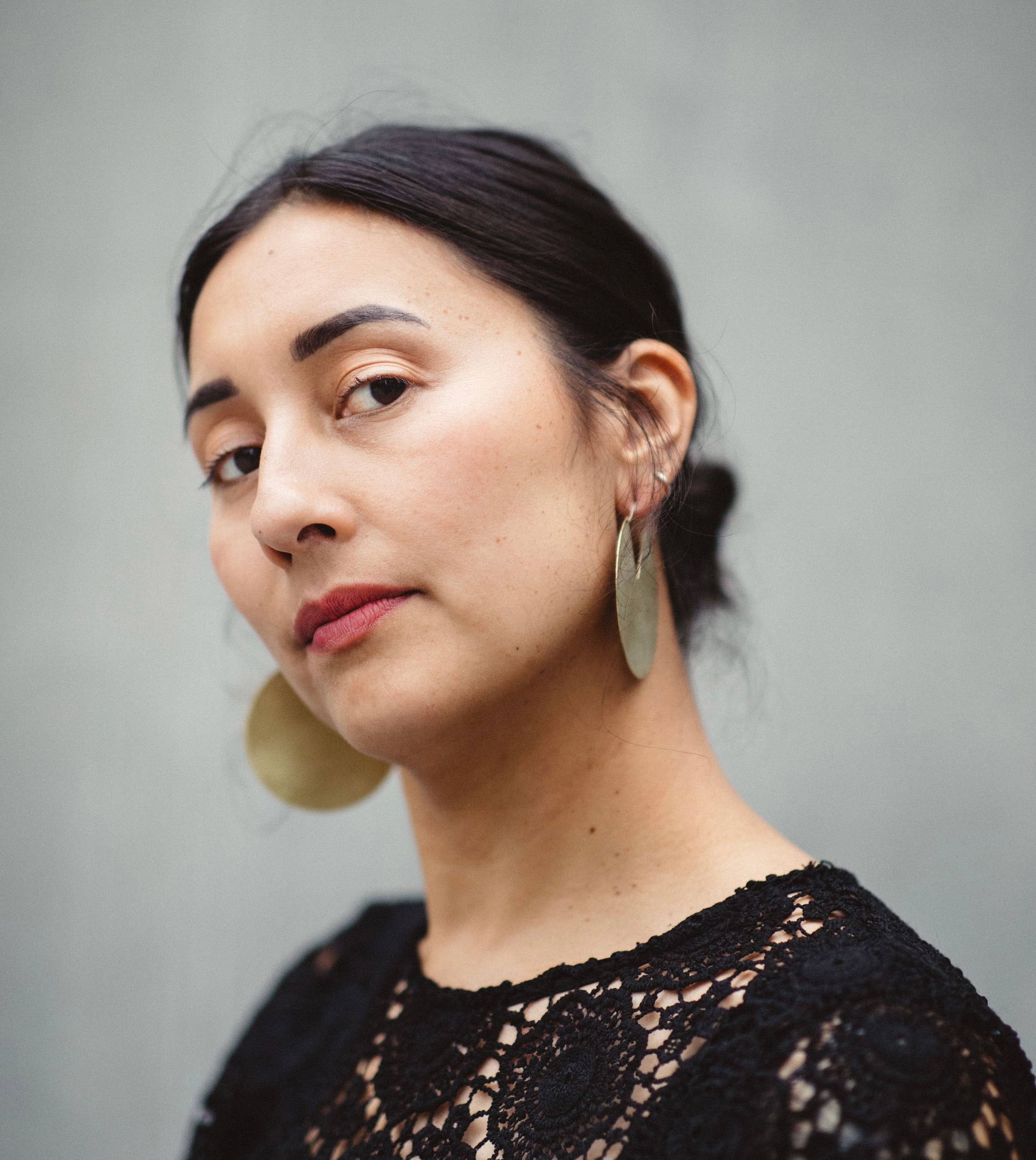 Geometric Brass Disc Hoop Earrings - Image 2
