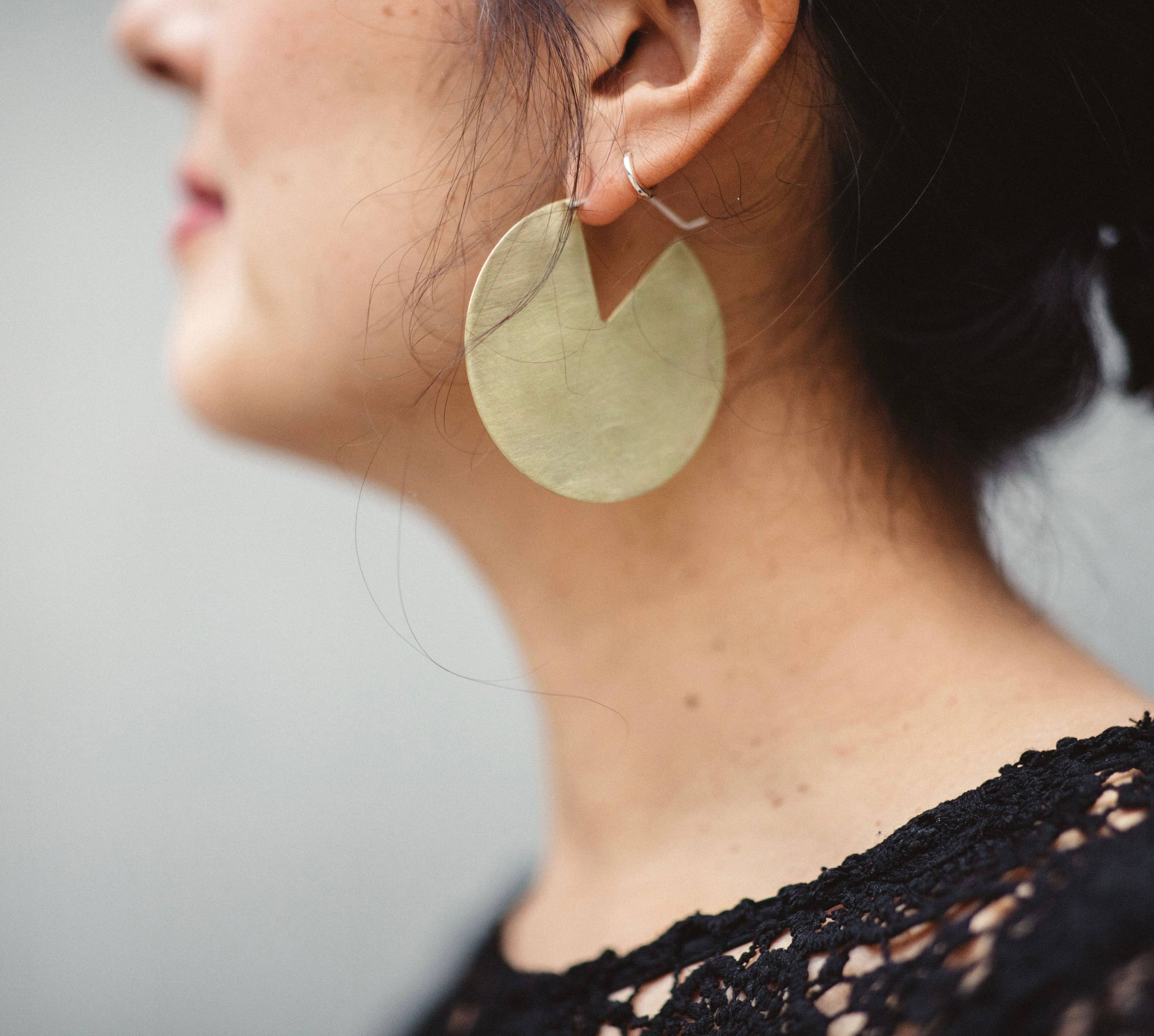 Geometric Brass Disc Hoop Earrings - Image 3
