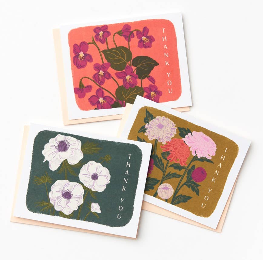 Assorted Muted Floral Thank You Cards, Set/12
