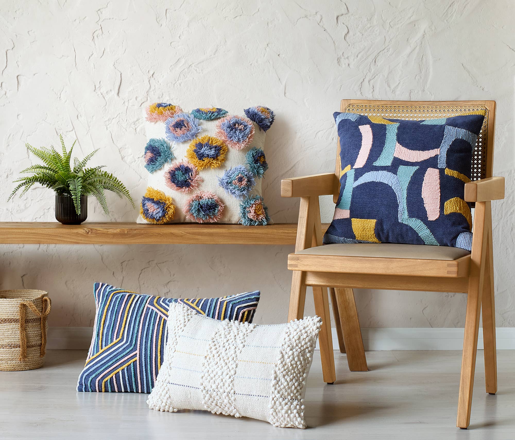Navy & Bright Shapes Embroidered Pillow - Image 3