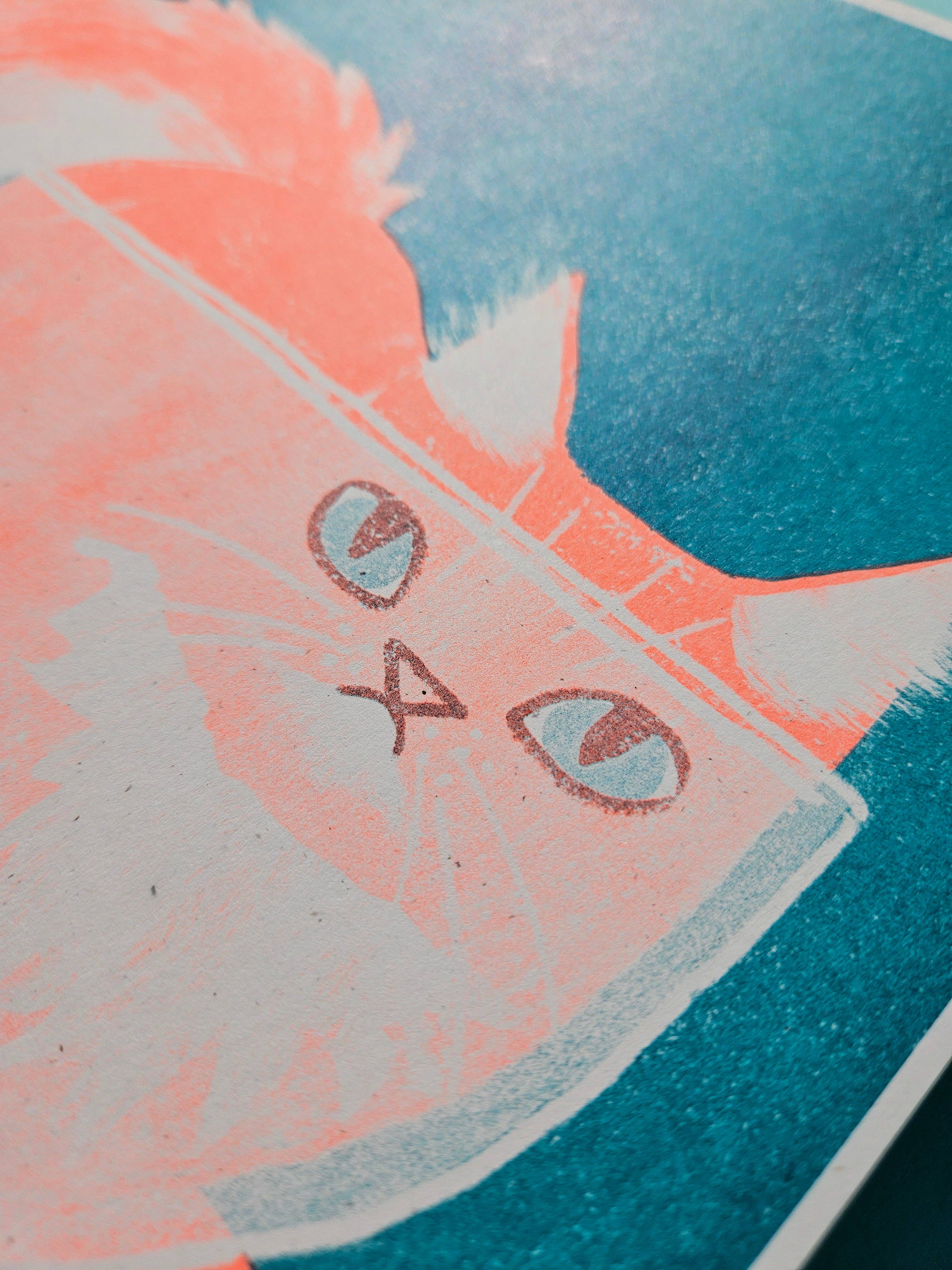Orange Cat in a Bowl Risograph Print - Image 3