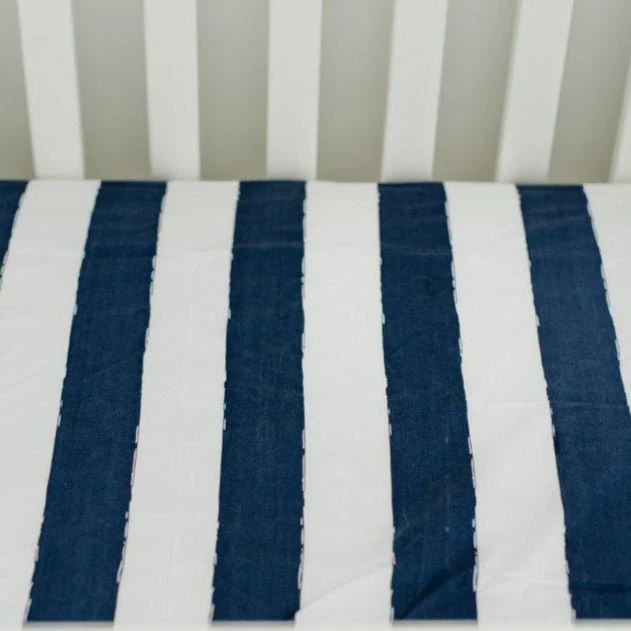 Cotton Percale Crib Sheet: Navy Stripe - Image 6