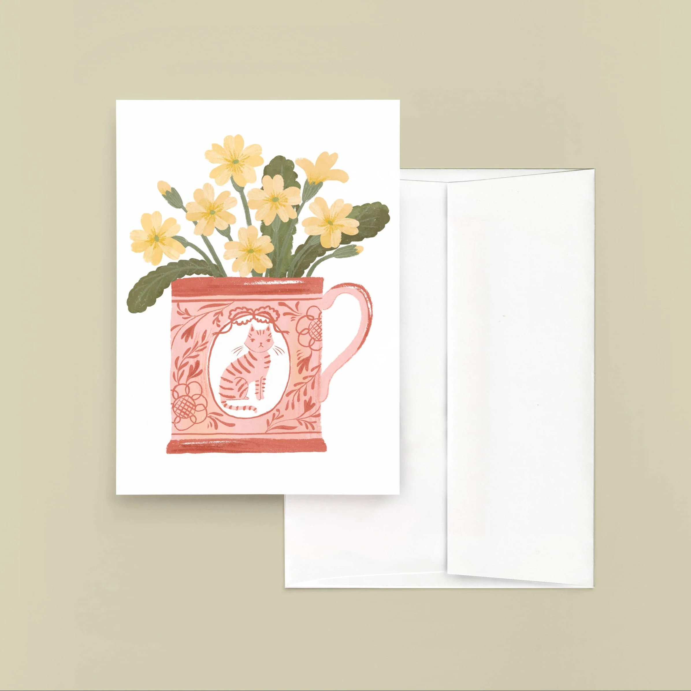 Pink Teacup with Primrose Flowers Card