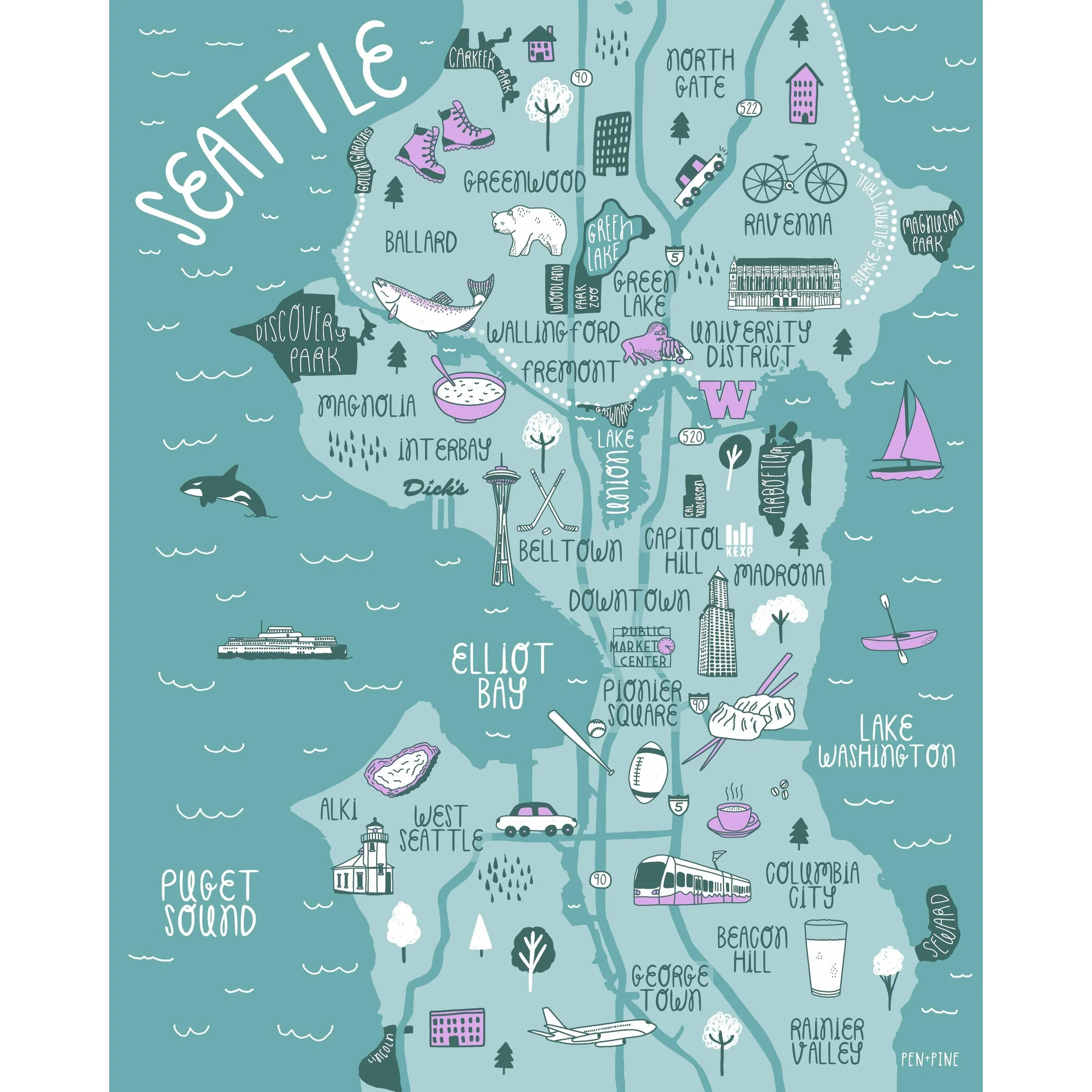 Seattle Illustrated Map Print