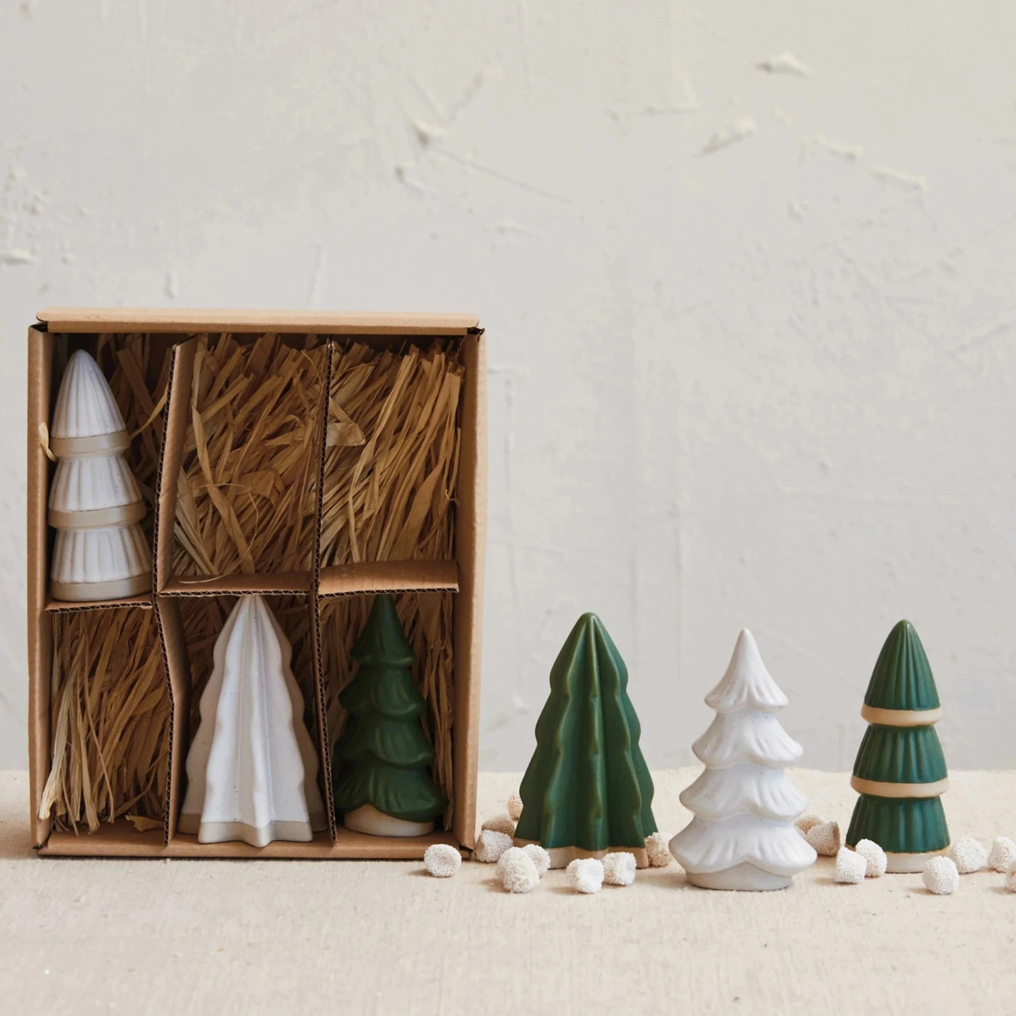 Small Green & White Stoneware Trees, Set/6 - Image 2