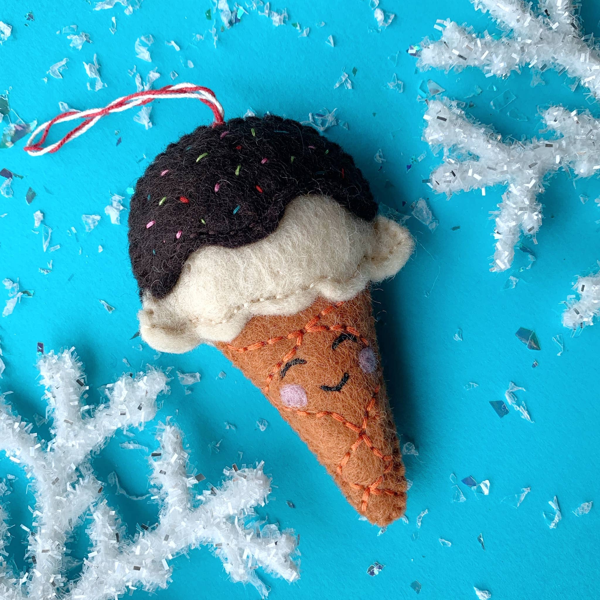 Smiling Ice Cream Cone Felt Wool Ornament - Image 2