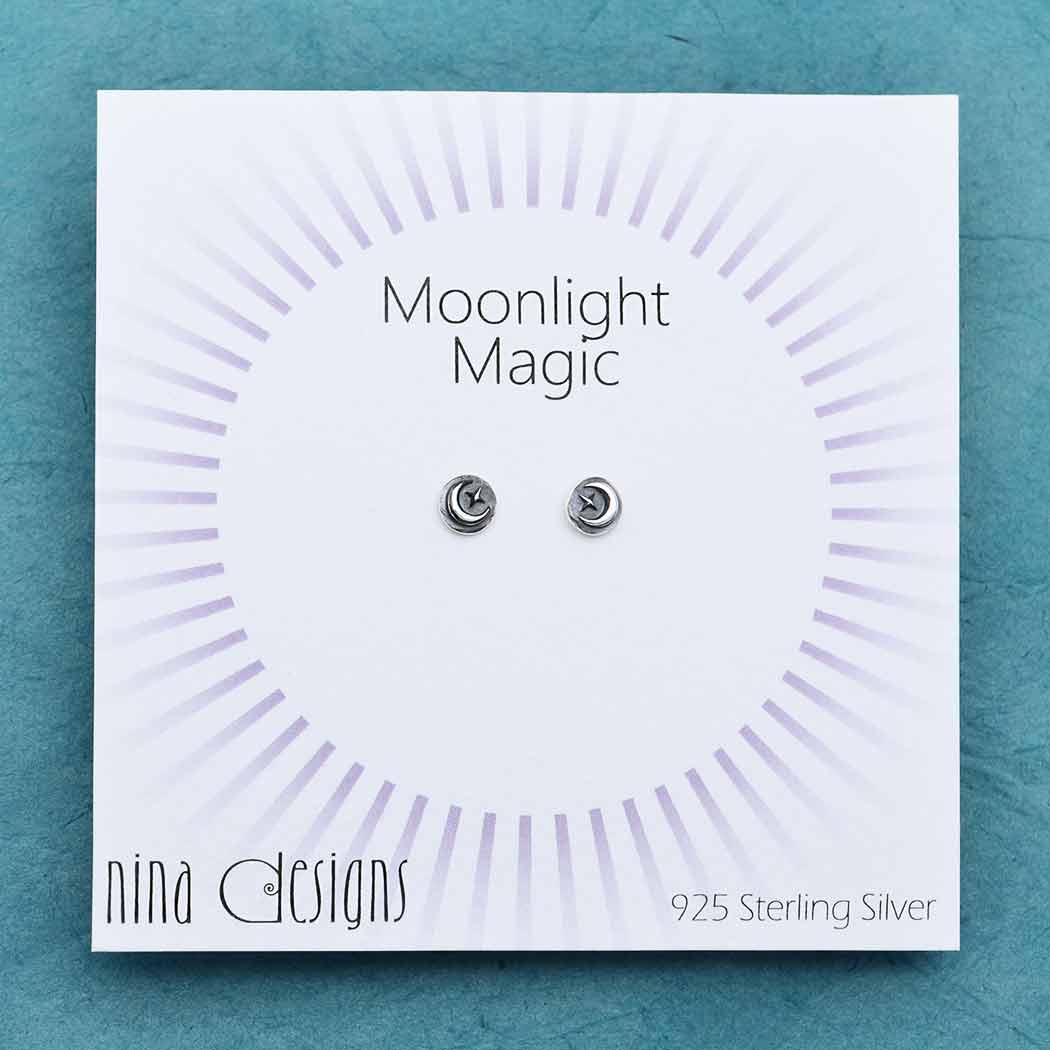 Moon and Star Sterling Silver Post Earrings - Image 2