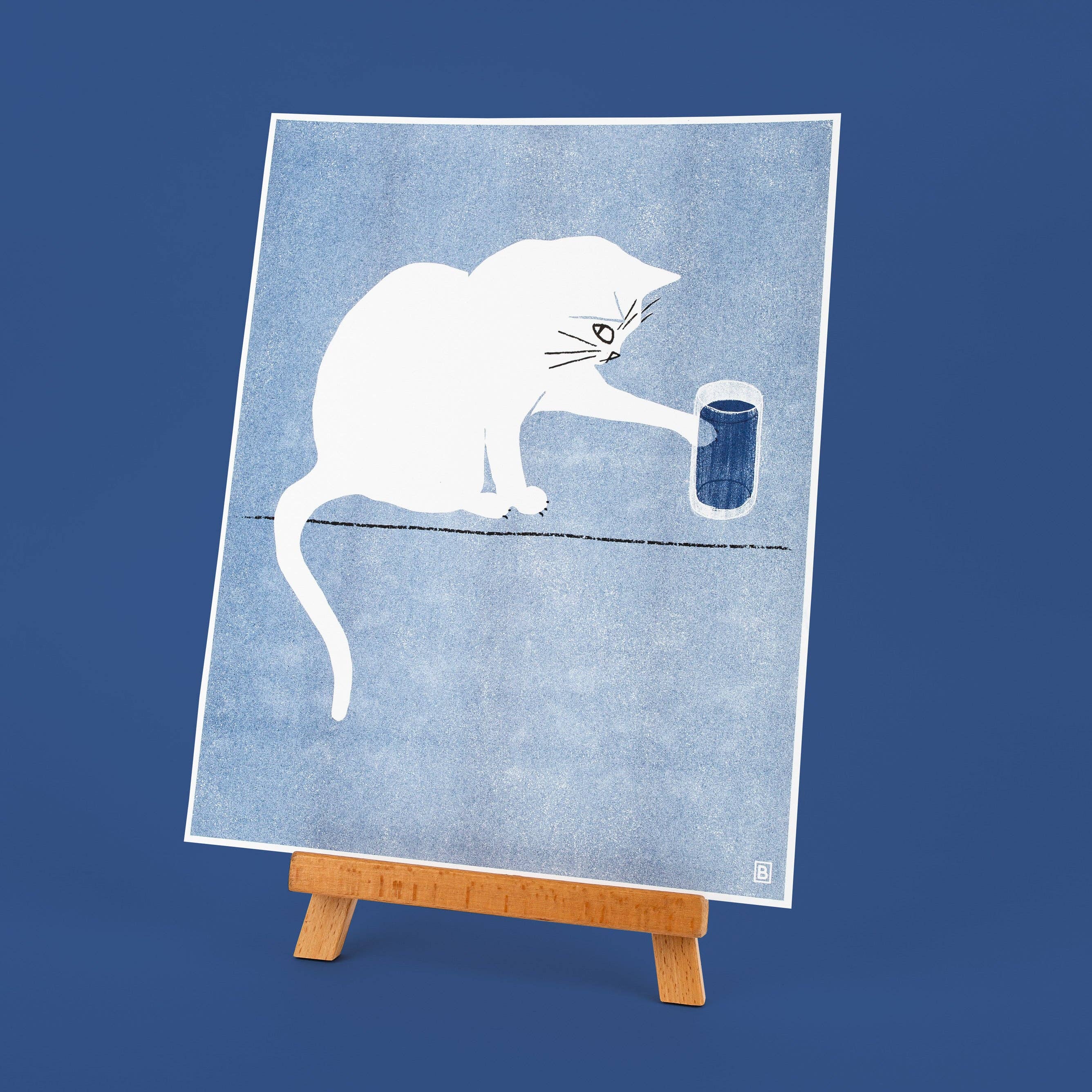Cat & Water Glass Risograph Art Print