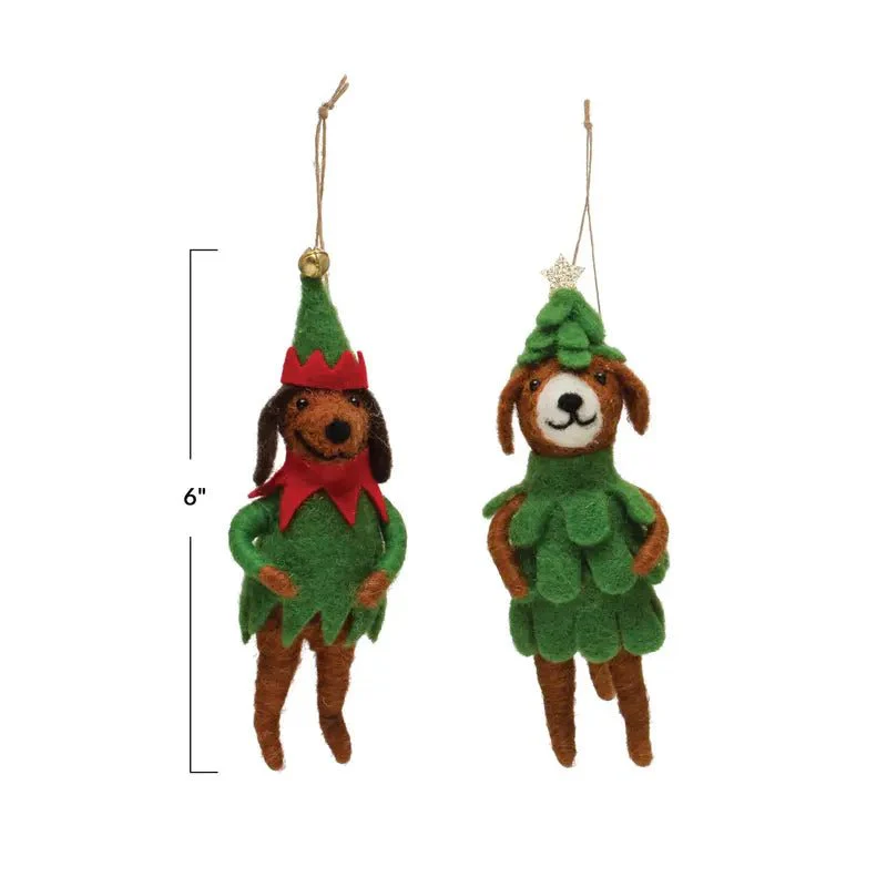 Wool Felt Dog in Tree/Elf Outfit Ornament - Image 2